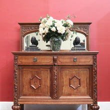 Load image into Gallery viewer, Antique French Oak Sideboard – Marquetry Inlay, Carved Floral Front, Brass Pulls. B12299