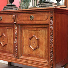 Load image into Gallery viewer, Antique French Oak Sideboard – Marquetry Inlay, Carved Floral Front, Brass Pulls. B12299