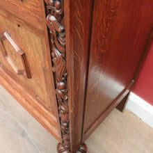 Load image into Gallery viewer, Antique French Oak Sideboard – Marquetry Inlay, Carved Floral Front, Brass Pulls. B12299