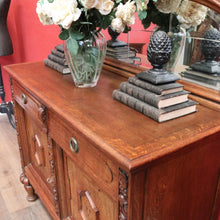 Load image into Gallery viewer, Antique French Oak Sideboard – Marquetry Inlay, Carved Floral Front, Brass Pulls. B12299