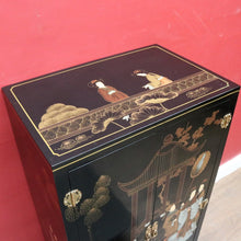 Load image into Gallery viewer, x SOLD Oriental Inspired Black Lacquer Chinoiserie Cabinet with Hand Painted Scenes. B12751