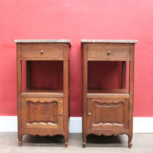 Load image into Gallery viewer, x SOLD Pair French Oak and Marble Bedside Cabinets with Drawers and Cupboard. B12818