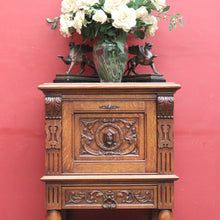 Load image into Gallery viewer, x SOLD Antique French Oak Drinks Cabinet with Carved Figure and Turned Supports. B12851