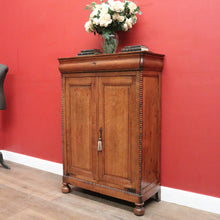 Load image into Gallery viewer, x SOLD Antique French Oak Cabinet – Drawer, Shelves, Keys, Panel Doors & Bun Feet. B12255