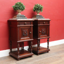 Load image into Gallery viewer, x SOLD Antique French Walnut Marble Top Bedside Cabinets True Pair. B12929
