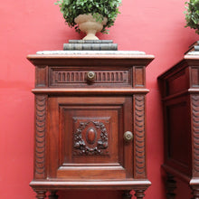 Load image into Gallery viewer, x SOLD Antique French Walnut Marble Top Bedside Cabinets True Pair. B12929