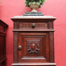Load image into Gallery viewer, x SOLD Antique French Walnut Marble Top Bedside Cabinets True Pair. B12929