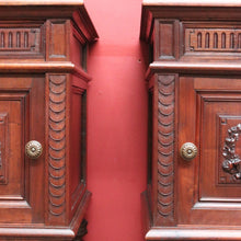 Load image into Gallery viewer, x SOLD Antique French Walnut Marble Top Bedside Cabinets True Pair. B12929