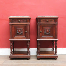 Load image into Gallery viewer, x SOLD Antique French Walnut Marble Top Bedside Cabinets True Pair. B12929