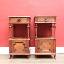 Load image into Gallery viewer, x SOLD Pair antique French oak bedside cabinets with marble tops and gilt mounts. B12941