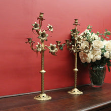 Load image into Gallery viewer, X SOLD Antique French Brass Candlestick Holders with Lily Motif and Fretwork Base. B12309