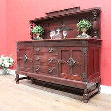 Load image into Gallery viewer, x SOLD Antique English mahogany sideboard with drawers cupboards and iron hardware. B12936