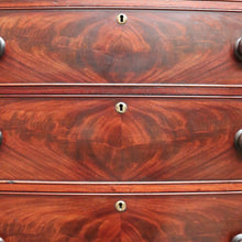 Load image into Gallery viewer, Antique English Mahogany Chest of Drawers – Flame Front, Bracket Feet, c.1800s