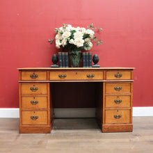 Load image into Gallery viewer, x SOLD Antique English Oak and Leather Twin Pedestal Office Desk with Nine Drawers and Brass Handles. B12073