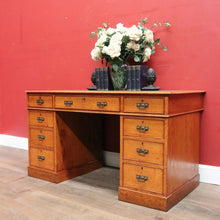 Load image into Gallery viewer, x SOLD Antique English Oak and Leather Twin Pedestal Office Desk with Nine Drawers and Brass Handles. B12073