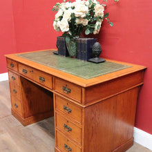Load image into Gallery viewer, x SOLD Antique English Oak and Leather Twin Pedestal Office Desk with Nine Drawers and Brass Handles. B12073