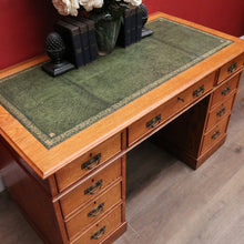 Load image into Gallery viewer, x SOLD Antique English Oak and Leather Twin Pedestal Office Desk with Nine Drawers and Brass Handles. B12073