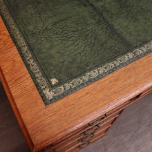Load image into Gallery viewer, x SOLD Antique English Oak and Leather Twin Pedestal Office Desk with Nine Drawers and Brass Handles. B12073