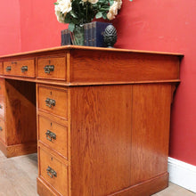 Load image into Gallery viewer, x SOLD Antique English Oak and Leather Twin Pedestal Office Desk with Nine Drawers and Brass Handles. B12073