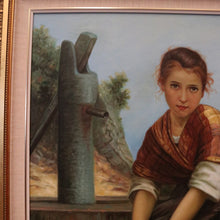 Load image into Gallery viewer, Framed Oil on Board, European Girl Sitting at the Well, Signed to the bottom right. B12070