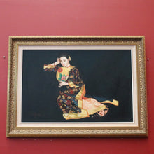 Load image into Gallery viewer, x SOLD Oil on Board Chinese Woman with a Fan, in a gilt gold-coloured Frame. Chinese Girl. Signed May Lin.B12069