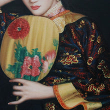 Load image into Gallery viewer, x SOLD Oil on Board Chinese Woman with a Fan, in a gilt gold-coloured Frame. Chinese Girl. Signed May Lin.B12069