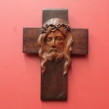 Load image into Gallery viewer, Vintage French Oak Crucifix with Christ’s Face by J. Coris – Carved Wall Cross. B12404