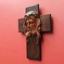 Load image into Gallery viewer, Vintage French Oak Crucifix with Christ’s Face by J. Coris – Carved Wall Cross. B12404