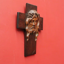 Load image into Gallery viewer, Vintage French Oak Crucifix with Christ’s Face by J. Coris – Carved Wall Cross. B12404
