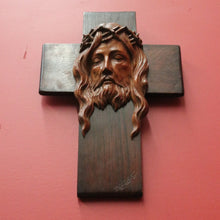 Load image into Gallery viewer, Vintage French Oak Crucifix with Christ’s Face by J. Coris – Carved Wall Cross. B12404
