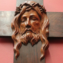 Load image into Gallery viewer, Vintage French Oak Crucifix with Christ’s Face by J. Coris – Carved Wall Cross. B12404