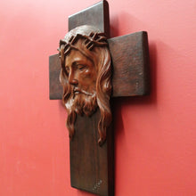 Load image into Gallery viewer, Vintage French Oak Crucifix with Christ’s Face by J. Coris – Carved Wall Cross. B12404