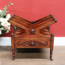 Load image into Gallery viewer, Antique English Mahogany Music Canterbury – X-Frame Dividers, Drawer & Brass Castors. B12539