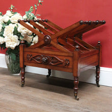 Load image into Gallery viewer, Antique English Mahogany Music Canterbury – X-Frame Dividers, Drawer & Brass Castors. B12539