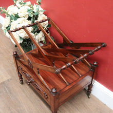 Load image into Gallery viewer, Antique English Mahogany Music Canterbury – X-Frame Dividers, Drawer & Brass Castors. B12539