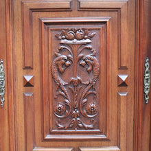 Load image into Gallery viewer, Antique French Walnut Three Door Sideboard Carved Detail Brass Escutcheons. B12926