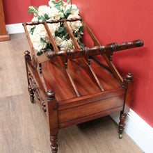Load image into Gallery viewer, Antique English Mahogany Music Canterbury – X-Frame Dividers, Drawer & Brass Castors. B12539