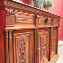 Load image into Gallery viewer, Antique French Walnut Three Door Sideboard Carved Detail Brass Escutcheons. B12926