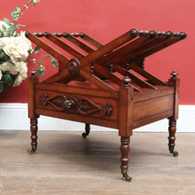 Load image into Gallery viewer, Antique English Mahogany Music Canterbury – X-Frame Dividers, Drawer & Brass Castors. B12539