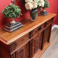 Load image into Gallery viewer, Antique French Walnut Three Door Sideboard Carved Detail Brass Escutcheons. B12926