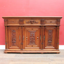 Load image into Gallery viewer, Antique French Walnut Three Door Sideboard Carved Detail Brass Escutcheons. B12926