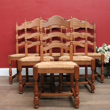 Load image into Gallery viewer, x SOLD Set of Six (6) Vintage French Oak Dining or Kitchen Chairs with Rush Seats. B12042