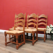 Load image into Gallery viewer, x SOLD Set of Six (6) Vintage French Oak Dining or Kitchen Chairs with Rush Seats. B12042