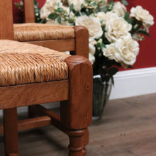 Load image into Gallery viewer, x SOLD Set of Six (6) Vintage French Oak Dining or Kitchen Chairs with Rush Seats. B12042