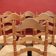Load image into Gallery viewer, x SOLD Set of Six (6) Vintage French Oak Dining or Kitchen Chairs with Rush Seats. B12042