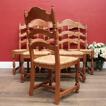 Load image into Gallery viewer, x SOLD Set of Six (6) Vintage French Oak Dining or Kitchen Chairs with Rush Seats. B12042