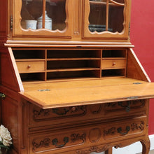 Load image into Gallery viewer, Antique French Oak Bureau Bookcase Drop Front Desk Glass Doors. B12777