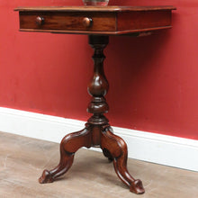 Load image into Gallery viewer, Antique Australian Cedar Side Table – Turned Pedestal, Drawer, Tri-Leg Base. B12551