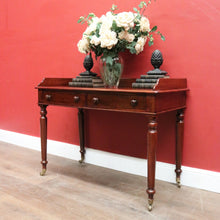 Load image into Gallery viewer, x SOLD Antique English Mahogany Two-Drawer Table – Gallery Back & Brass Castors. B12552