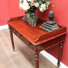 Load image into Gallery viewer, x SOLD Antique English Mahogany Two-Drawer Table – Gallery Back & Brass Castors. B12552